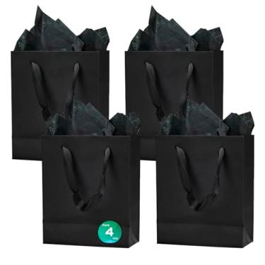 Imagem de Aosric Pacote com 4 sacos de presente pretos de 15 x 7,5 x 18 cm com papel de seda - pequenos sacos de presente resistentes e reutilizáveis com alças de fita para joias, perfumes, lembrancinhas de