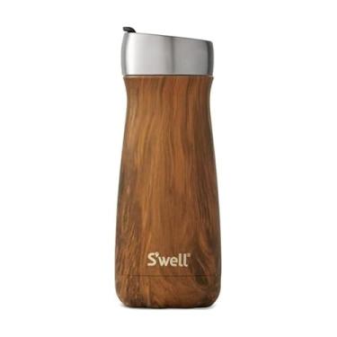 Imagem de S'well Garrafa de viagem de aço inoxidável com tampa Commuter – 400 ml – Madeira de teca – Tripla – Recipientes isolados mantém as bebidas frias por 24 horas e quentes para 6 – BPA – Garrafa de água livre
