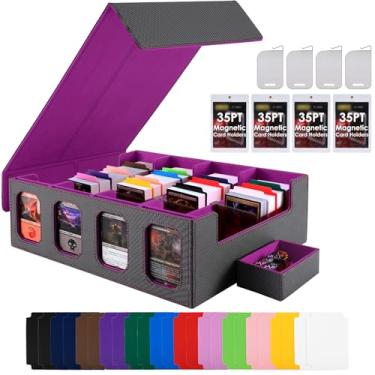 Imagem de Caixa de armazenamento de cartões colecionáveis com visor Commander, caixa de baralho de 4 fileiras com tampa removível, caixa de baralho MTG 3200+ com 24 divisórias coloridas, 4 porta-cartões