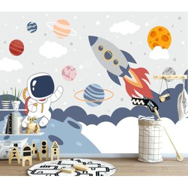Imagem de JHGRXFHB - Papel de parede infantil Galaxy com planetas astronautas legais e foguete de decolagem 406 x 289 cm