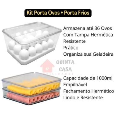 Imagem de Kit Porto Ovos Geladeira Porta Frios Acrílico Duplo Tampa Empilhável O