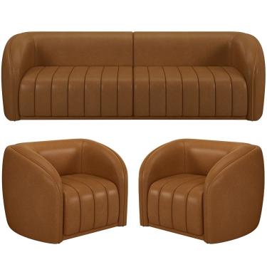 Imagem de Kit Sofá 4 Lugares Para Sala 292cm com 02 Poltronas Lazio M03 Couríssimo Whisky - Lyam Decor