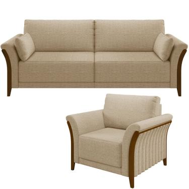 Imagem de Kit Sofá 02 Lugares 162cm Com Poltrona Stefan Pés De Madeira M03 Linho Bege Escuro - Lyam Decor