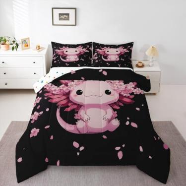 Imagem de Erosebridal Jogo de cama com estampa de axolote de flor de cerejeira, para crianças, meninos, meninas, ninho, salamandra, kawaii, estética, fofo, edredom de plumas de animais do oceano rosa, solteiro