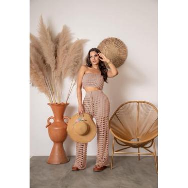 Imagem de Conjunto Saída De Praia Calça Pantalona Cropped Tricot Verão - Calu Tr