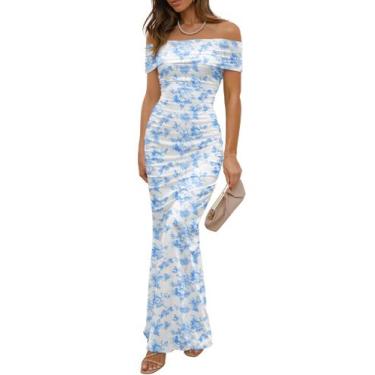 Imagem de Vestido feminino LUXVEER, de malha sem ombros, floral, azul maxi