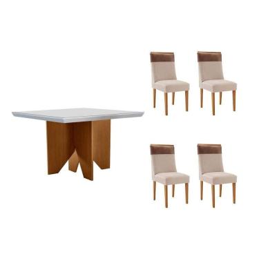 Imagem de Conjunto Sala de Jantar Nevada c/ Tampo Madeirado c/ Vidro Canto Curvo 90x90cm e 4 Cadeiras Jaspe Madeira Maciça Naturale/Off White - Capuccino/Suede 