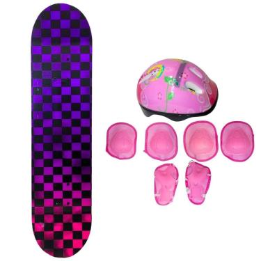 Imagem de Skate Infantil Radical Xadrez + Kit Proteção Desenho Rosa
