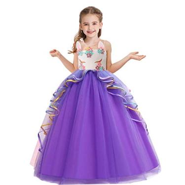 Imagem de NEWEPIE Fantasia de unicórnio para meninas Halloween vestido chique princesa aniversário concurso casamento Natal festa longo tule vestido de baile roxo 10-11T