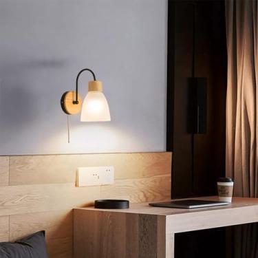Imagem de Luminária de parede interna moderna com interruptor de cordão, luminária de parede de metal, arandela de vidro para quarto, E27, industrial, pescoço de ganso, luminária rústica de madeira pa