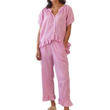 Imagem de Conjunto de pijama feminino codcm, guingão, 2 peças, manga curta, rosa