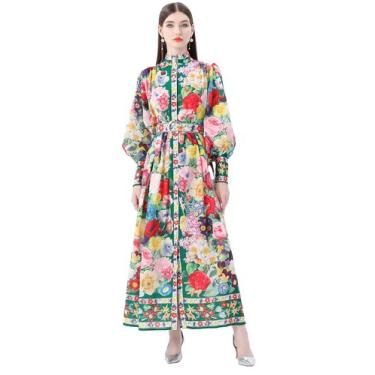 Imagem de Vestido longo LAI MENG FIVE CATS feminino de mangas bufantes verdes