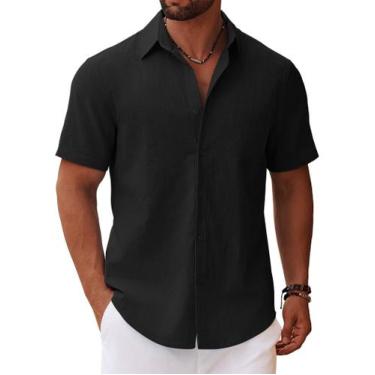 Imagem de Camisa masculina COOFANDY com botões e manga curta, algodão preto