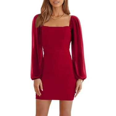 Imagem de Vestido Wenrine Mesh, manga comprida, gola quadrada, Bodycon, vermelho