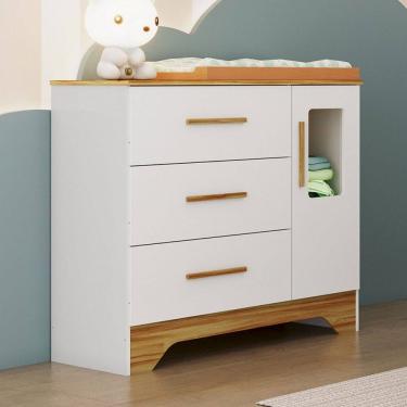 Imagem de Cômoda Infantil Popy 1 Porta 3 Gavetas 100% Mdf Branco Brilho/Amêndoa - Móveis Peroba