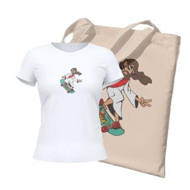Imagem de Kit Ecobag + Camiseta Feminina - Jesus e Skate  Branca - Penkal Person