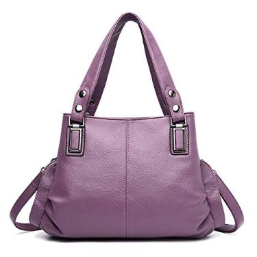 Imagem de Bigfanshu Bolsa feminina de couro legítimo com 3 bolsos, bolsa de mão de luxo, Roxo, 33 X 14 X 22 CM