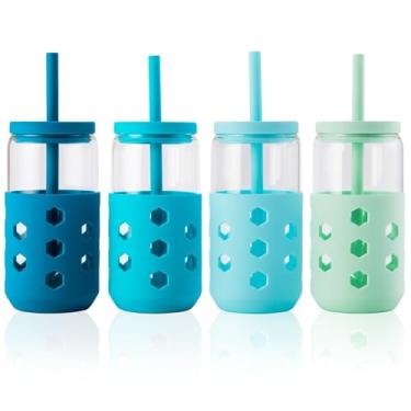 Imagem de Mrsdry Copos de vidro com tampas e canudos de silicone (4 peças), conjunto de copos de 473 ml com mangas de silicone para acessórios de cafeteria, xícaras de café geladas com tampas, copo de vidro