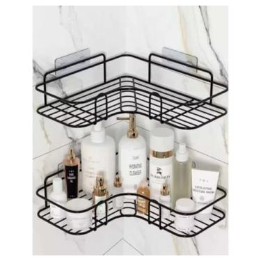 Imagem de Prateleira de Canto para Banheiro, Metal Preto, 2 Níveis, Organizador de Parede Autoadesivo, Estilo Moderno para Produtos de Banho e Cosméticos