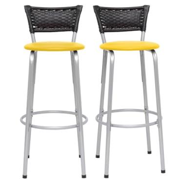 Imagem de Banqueta Altas Junco Preto Estrutura Prata 70cm Para Balcão Cozinha, Bar, Bistrô, Americano Kit 02 Unidades - Itagold (Assento Amarelo)