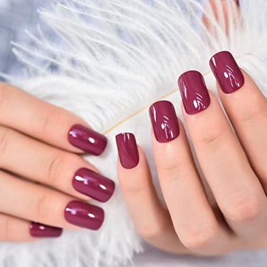 Imagem de Pregos postiços médios curtos squoval sólido rosa escuro imprensa nas unhas postiças de cor pura brilhante acrílico metálico pontas de arte de unhas falsas kits de manicure
