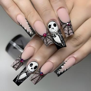 Imagem de Kit de unhas de pressão médio longo quadrado Halloween francês preto falso cola em unhas com design de teia de aranha fantasma strass cobertura completa bastão falso artificial em unha de acrílico