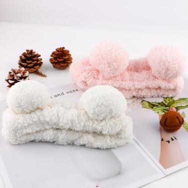 Imagem de Faixa de cabeça antiderrapante com orelhas de urso, spa, para lavar o rosto, maquiagem, cuidados com a pele, faixa de cabelo elástica para cabelo Carol para mulheres e meninas (branco e rosa)
