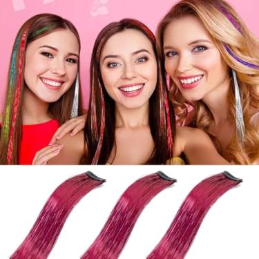 Imagem de Grampos de cabelo com tinsel de cabelo colorido 3 peças, 19,8 polegadas 1060 fios decorações de cabelo coloridas acessórios de grampos de cabelo (pacote com 3, rosa vermelha#)