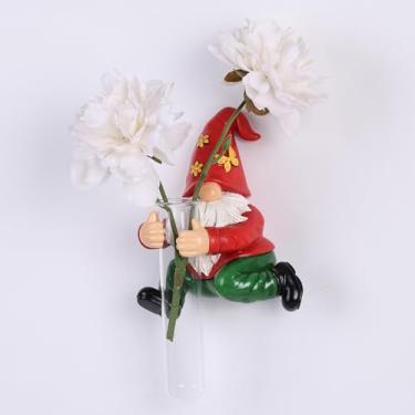 Imagem de LINYTHER Vaso de parede de gnomo – Linda estátua de gnomo de jardim segurando vaso de tubo de vidro, vaso de flores de gnomo de resina para decoração de parede de casa, (vermelho)