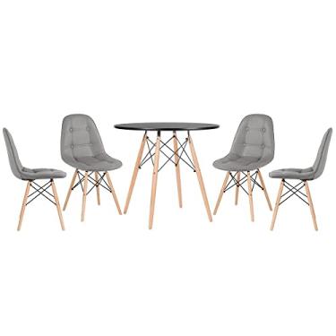Imagem de Loft7, Kit Mesa redonda Eames 80 cm preto + 4 cadeiras estofadas Eiffel Botonê Cinza