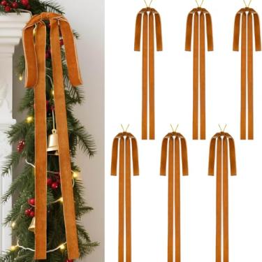 Imagem de 6 peças de laços de veludo marrom de Natal 59 x 39 cm, laço rústico grande de veludo para escadas de Natal, laço de fita de topo de árvore vintage pré-amarrado para decoração de casa, guirlanda de