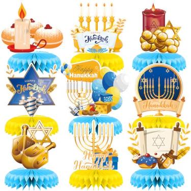 Imagem de 9 Pieces Hanukkah Honeycomb Centerpieces – Holiday Table Decorations with Menorah, Star of David, Dreidel, Gelt, Torah Scroll, and Candles for Hanukkah Parties Family Gatherings and Festival of Lights