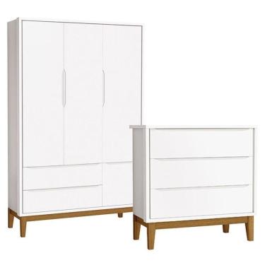 Imagem de Cômoda Gaveteiro Com Guarda Roupa Infantil 3 Portas New Classic Branco Com Pés Madeira - Reller