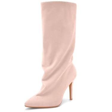 Imagem de Perisis Botas femininas despojadas cano médio pretas longas de puxar salto agulha bico fino botas de tubarão para mulheres sexy moda, Camurça - rosa bebê, 38
