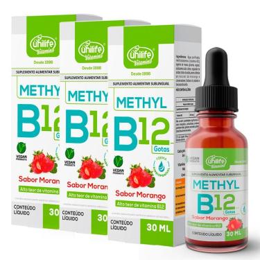 Imagem de Kit 3 Vitamina B12 Methyl Em Gotas Unilife Morango 30 Ml