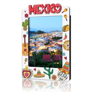 Imagem de DRWJPAT Moldura magnética para fotos do México, mini molduras magnéticas para geladeira e armário, presentes de lua de mel para amigos e casais, imãs de madeira para viagem -B09