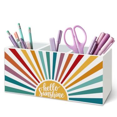 Imagem de TWRVI Suporte de caneta Boho Hello Sunshine para mesa, decoração de sala de aula boho, moderno, colorido, luz do sol, de madeira, porta-lápis para casa, escritório, sala de aula, acessórios de mesa