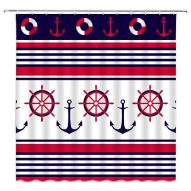 Imagem de Cortina de chuveiro âncora azul marinho vermelho listrado leme náutico tecido costeiro conjunto de decoração de banheiro, 178 x 177 cm