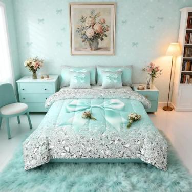 Imagem de Jogo de cama casal de 7 peças com nó de fita fofa em uma bolsa, conjunto de cama de casal de diamante com glitter cinza, princesa sonhadora ciano e laço, conjunto de cama com laço em aquarela