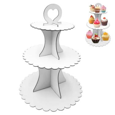 Imagem de Suporte de cupcake de 3 camadas - suporte de sobremesa de papelão resistente e portátil, torre de vários níveis para aniversário, casamento, chá de bebê, decoração de festa, branco
