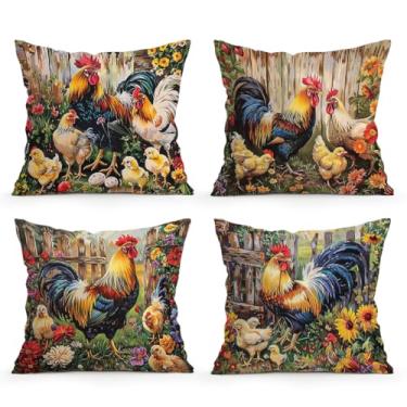 Imagem de BEWQ Capas de almofada com pintura a óleo Rooster Farm, 50 x 50 cm, conjunto de 4 capas quadradas de animais para almofada de animais para casa, casa de fazenda, jardim, sofá, decoração