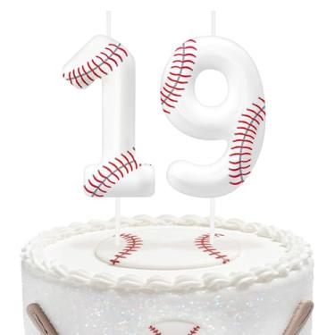 Imagem de Velas de aniversário número 19 de beisebol, topo de bolo com tema de beisebol para meninos e meninas, decorações de bolo para aniversários, suprimentos de festa com tema esportivo, velas para