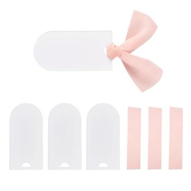 Imagem de Handship 20 conjuntos de cartões de lugar de acrílico branco placa de nome de casamento DIY cartões de assento em branco arqueados placas de nome de convidado com fitas rosa para mesa de recepção de