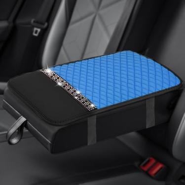 Imagem de HQRNYP Capa de caixa de apoio de braço de carro de couro brilhante, capa de console central, almofada de console central de strass de cristal, à prova d'água, antiarranhões, acessórios para caixa de