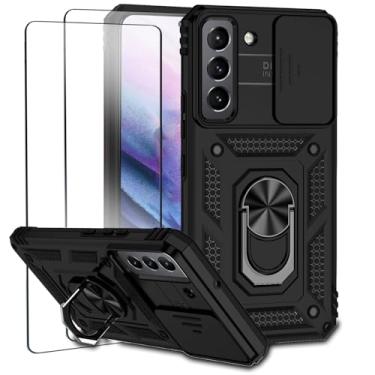 Imagem de Capa para Samsung Galaxy S22 Capinha | com 2 peças de protetor de tela temperado com janela deslizante da câmera e suporte para telefone incluídos - Preto