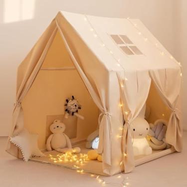 Imagem de Barraca de brincar infantil, grande casa de brincar interna com luzes de estrelas, bandeiras e sacolas, presente de 132 cm x 119 cm para meninas e meninos, uso para ler recanto, sala de jogos, barraca