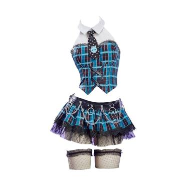 Imagem de MEOWCOS Espartilho gótico punk feminino conjunto de top e saia azul preto xadrez gótico fantasia de Halloween com luvas e gravata, Xadrez preto azul, G