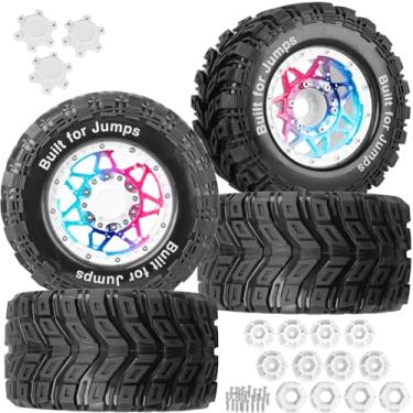 Imagem de BRCatWPark RC Truck Tires 12mm/14mm/17mm Hex RC Wheels and Tires for 1/10 Big Rock Granite Vortek/Stampede Rustler Hoss/L0s1 Rc 4wd,RC Monster Truck Car Wheel 4Pcs,Colorful(Red Blue Tone)