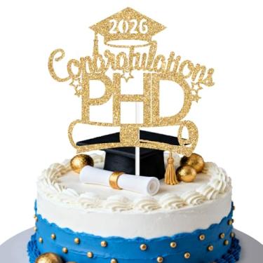 Imagem de Parabéns PHD 2025 Topo de bolo, decorações de bolo finalmente feitas, parabéns, graduado, classe de 2025, suprimentos de decorações de festa de formatura ouro glitter