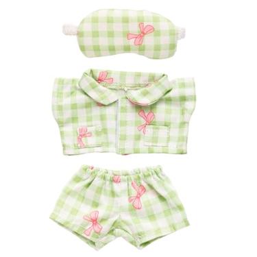 Imagem de Roupas de Boneca 17cm, Conjunto Pijama Boneca Tema Laço com Máscara Olhos Fofo Fresco Xadrez Roupa de Pijama Conjunto Acessórios para Bonecas Exposição em Casa (Verde)